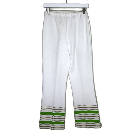 Vintage 70s Sears Women's White Polyester Bell Bottom Pants, Green Stripes - Picture 2 of 9